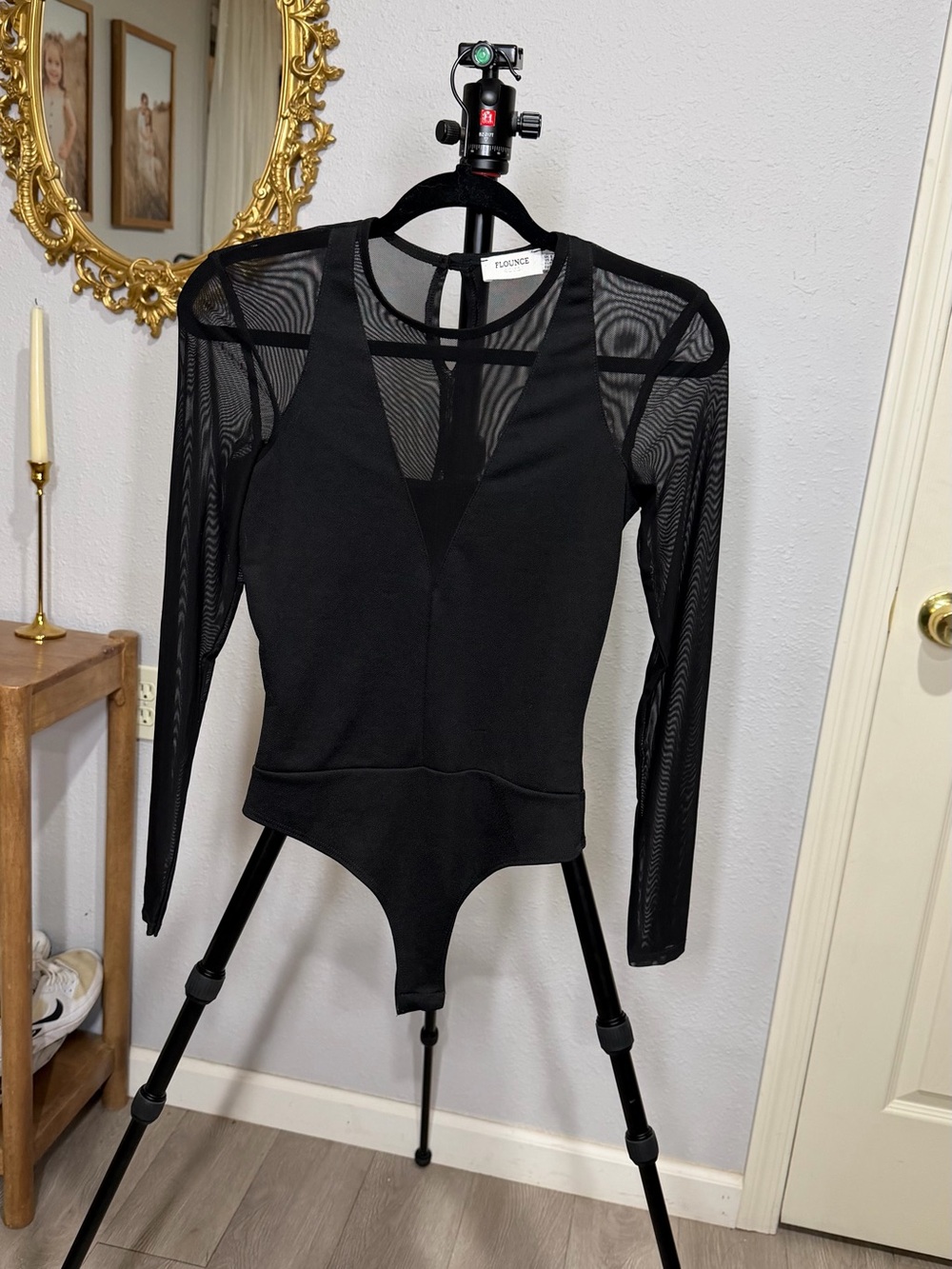 Flounce Black Long-Sleeve Mesh-Panel Bodysuit